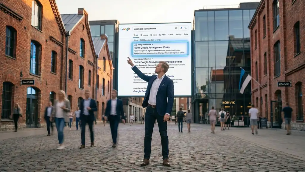 Otsingureklaam.ee:n toimitusjohtaja osoittaa Googlen hakutulosten ensimmäistä mainospaikkaa Tallinnan Rotermannin korttelissa